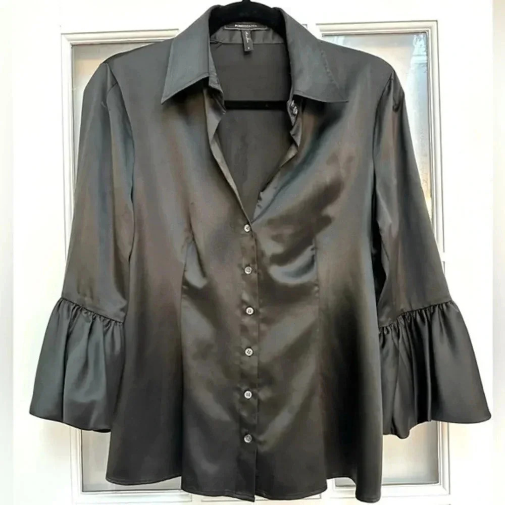 BCBGMAXAZRIA Y2K Classic Black 3/4 Bell Sleeves Button Down Blouse Size S